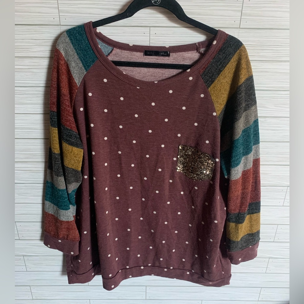 Glitzy girlz Polka Dot stripped sleeve Multicolor Sweater Top w/ sequin pocket